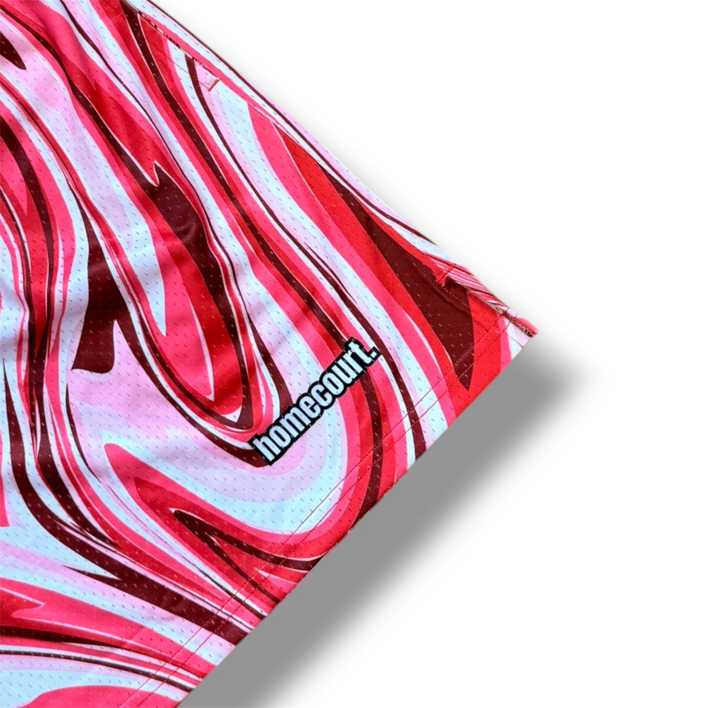 Mesh shorts: red swirl